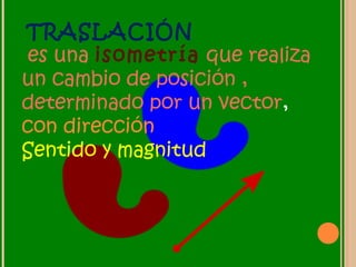 TRASLACIÓN
es una isometría que realiza
un cambio de posición ,
determinado por un vector,
con dirección
Sentido y magnitud
 