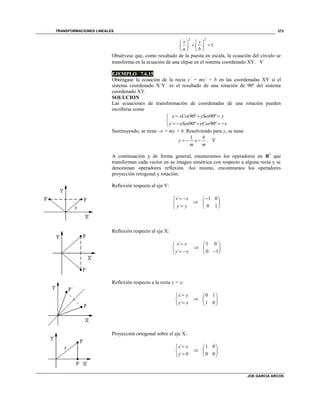 TRANSFORMACIONES LINEALES
JOE GARCIA ARCOS
373
2 2
1
x y
a b
   
    
   
Obsérvese que, como resultado de la puesta en escala, la ecuación del círculo se
transforma en la ecuación de una elipse en el sistema coordenado XY. 
EJEMPLO 7.6.15
Obténgase la ecuación de la recta y´ = mx´ + b en las coordenadas XY si el
sistema coordenado X´Y´ es el resultado de una rotación de 90º del sistema
coordenado XY.
SOLUCION
Las ecuaciones de transformación de coordenadas de una rotación pueden
escribirse como
´ 90º 90º
´ 90º 90º
x xCos ySen y
y xSen yCos x
  

    
Sustituyendo, se tiene –x = my + b. Resolviendo para y, se tiene
1 b
y x
m m
   . 
A continuación y de forma general, enumeramos los operadores en R2
que
transforman cada vector en su imagen simétrica con respecto a alguna recta y se
denominan operadores reflexión. Así mismo, encontramos los operadores
proyección ortogonal y rotación:
Reflexión respecto al eje Y:
´
´
x x
y y
 



1 0
0 1
 
 
 
Reflexión respecto al eje X:
´
´
x x
y y


 

1 0
0 1
 
 
 
Reflexión respecto a la recta y = x:
´
´
x y
y x




0 1
1 0
 
 
 
Proyección ortogonal sobre el eje X:
´
´ 0
x x
y




1 0
0 0
 
 
 
 