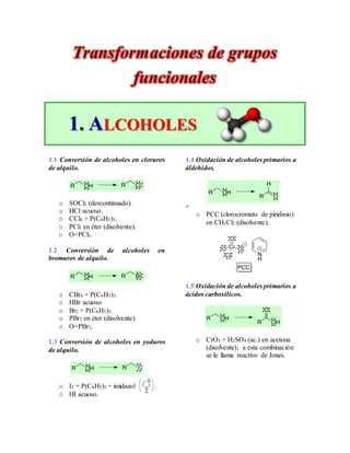 Transformaciones de grupos
funcionales
1. ALCOHOLES
1.1 Conversión de alcoholes en cloruros
de alquilo.
o SOCl2 (descontinuado).
o HCl acuoso.
o CCl4 + P(C6H5)3.
o PCl3 en éter (disolvente).
o O=PCl3.
1.2 Conversión de alcoholes en
bromuros de alquilo.
o CBr4 + P(C6H5)3.
o HBr acuoso.
o Br2 + P(C6H5)3.
o PBr3 en éter (disolvente).
o O=PBr3.
1.3 Conversión de alcoholes en yoduros
de alquilo.
o I2 + P(C6H5)3 + imidazol .
o HI acuoso.
1.4 Oxidación de alcoholes primarios a
áldehidos.
+
o PCC (clorocromato de piridinio)
en CH2Cl2 (disolvente).
1.5 Oxidación de alcoholes primarios a
ácidos carboxílicos.
o CrO3 + H2SO4 (ac.) en acetona
(disolvente); a esta combinación
se le llama reactivo de Jones.
Cr
O
O
Cl
O
N
H
PCC
 