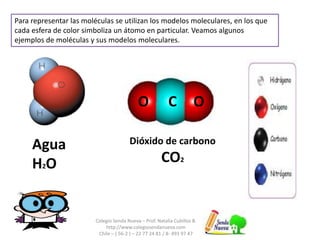 Colegio Senda Nueva – Prof. Natalia Cubillos B.
http://www.colegiosendanueva.com
Chile – ( 56-2 ) – 22 77 24 81 / 8- 493 97 47
Para representar las moléculas se utilizan los modelos moleculares, en los que
cada esfera de color simboliza un átomo en particular. Veamos algunos
ejemplos de moléculas y sus modelos moleculares.
CO O
Agua
H2O
Dióxido de carbono
CO2
 