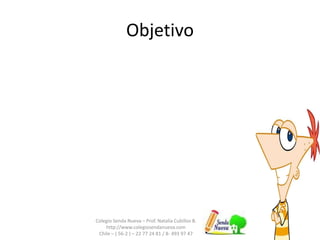 Objetivo
Colegio Senda Nueva – Prof. Natalia Cubillos B.
http://www.colegiosendanueva.com
Chile – ( 56-2 ) – 22 77 24 81 / 8- 493 97 47
 