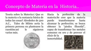Concepto de Materia en la Historia..
Teoría sobre la Materia:¿ Que es
la materia o la sustancia básica de
todas las cosas? Alrededor de 500
A.C., Tales de Mileto serìa la
primera persona en plantearse la
cuestión:así le siguieron
varios más.
Hacia la perfección de la
materia:Se cree que la materia
puede transformarse hasta
alcanzar la perfección; se busca
obtener la “piedra filosofal”,
capaz de transformar los metales
comunes en oro y de proveer el
elixir de la
inmortalidad.
 