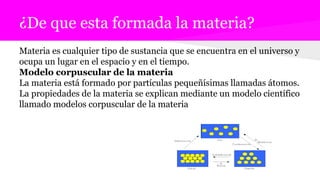 ¿De que esta formada la materia?
Materia es cualquier tipo de sustancia que se encuentra en el universo y
ocupa un lugar en el espacio y en el tiempo.
Modelo corpuscular de la materia
La materia está formado por partículas pequeñísimas llamadas átomos.
La propiedades de la materia se explican mediante un modelo científico
llamado modelos corpuscular de la materia
 