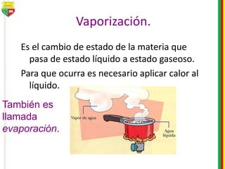 Vaporización.
Es el cambio de estado de la materia que
pasa de estado líquido a estado gaseoso.
Para que ocurra es necesario aplicar calor al
líquido.
También es
llamada
evaporación.
 