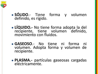 ● SÓLIDO.- Tiene forma y volumen
definido, es rígido.
● LÍQUIDO.- No tiene forma adopta la del
recipiente, tiene volumen definido,
movimiento con fluidos.
● GASEOSO.- No tiene ni forma ni
volumen. Adopta forma y volumen de
recipiente.
● PLASMA.- partículas gaseosas cargadas
eléctricamente.
 
