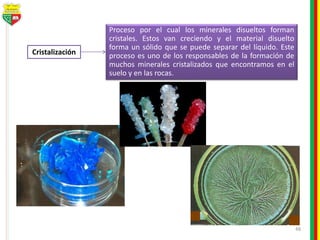 48
Cristalización
Proceso por el cual los minerales disueltos forman
cristales. Estos van creciendo y el material disuelto
forma un sólido que se puede separar del líquido. Este
proceso es uno de los responsables de la formación de
muchos minerales cristalizados que encontramos en el
suelo y en las rocas.
 