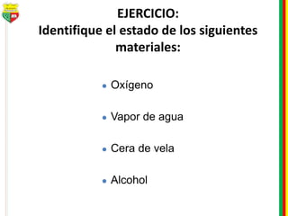 EJERCICIO:
Identifique el estado de los siguientes
materiales:
● Oxígeno
● Vapor de agua
● Cera de vela
● Alcohol
 