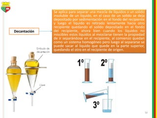 50
Decantación
Se aplica para separar una mezcla de líquidos o un solido
insoluble de un liquido, en el caso de un solido se deja
depositado por sedimentación en el fondo del recipiente
y luego el liquido es retirado lentamente hacia otro
recipiente quedando el solido depositado en el fondo
del recipiente, ahora bien cuando los líquidos no
miscibles estos líquidos al mezclarse tienen la propiedad
de ir separándose en el recipiente, al comienzo quedan
como un sistema homogéneo pero luego al separarse se
puede sacar al liquido que quede en la parte superior,
quedando el otro en el recipiente de origen.
 