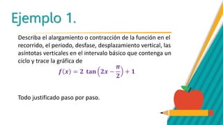 Ejemplo 1.
Describa el alargamiento o contracción de la función en el
recorrido, el periodo, desfase, desplazamiento vertical, las
asíntotas verticales en el intervalo básico que contenga un
ciclo y trace la gráfica de
𝒇 𝒙 = 𝟐 𝐭𝐚𝐧 𝟐𝒙 −
𝝅
𝟐
+ 𝟏
Todo justificado paso por paso.
 