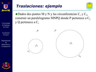 Dados dos puntos M y N y las circunferencias C 1  y C 2 , construir un paralelogramo MNPQ donde P pertenece a C 2  y Q pertenece a C 1   Traslaciones: ejemplo 