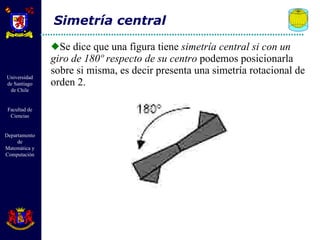 Se dice que una figura tiene  simetría central si con un giro de 180º respecto de su centro  podemos posicionarla sobre si misma, es decir presenta una simetría rotacional de orden 2. Simetría central 