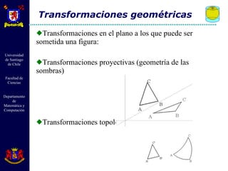 Transformaciones en el plano a los que puede ser sometida una figura: Transformaciones proyectivas (geometría de las sombras) Transformaciones topológicas Transformaciones geométricas 