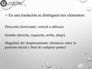 En una traslación se distinguen tres elementos:
Dirección (horizontal, vertical u oblicua).
Sentido (derecha, izquierda, arriba, abajo).
Magnitud del desplazamiento (distancia entre la
posición inicial y final de cualquier punto)
 