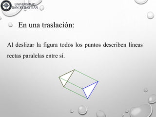 En una traslación:
Al deslizar la figura todos los puntos describen líneas
rectas paralelas entre sí.
 