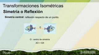Transformaciones Isométricas
Simetría o Reflexión
Simetría central:
O : centro de simetría
O
A A´
AO = OA’
reflexión respecto de un punto.
 