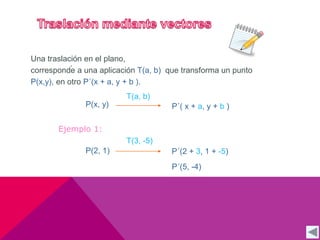 Una traslación en el plano, 
. 
corresponde a una aplicación T(a, b) que transforma un punto 
P(x,y), en otro P´(x + a, y + b ). 
P(x, y) 
T(a, b) 
P´( x + a, y + b ) 
Ejemplo 1: 
P(2, 1) 
T(3, -5) 
P´(2 + 3, 1 + -5) 
P´(5, -4) 
 