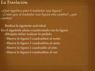  Realiza la siguiente actividad.
En el siguiente plano cuadriculado con la figura
dibujada debes realizar lo pedido.
 - Mueve la figura 5 cuadraditos al norte.
 - Mueve la figura 3 cuadraditos al oeste.
 - Mueve la figura 1 cuadradito al este.
 - Mueve la figura 6 cuadraditos al sur.
La Traslación.
-¿Qué significa para ti trasladar una figura?
- ¿Crees que al trasladar una figura esta cambia?, ¿qué
cambia?
 