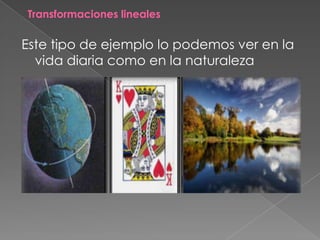 Transformaciones lineales

Este tipo de ejemplo lo podemos ver en la
  vida diaria como en la naturaleza
 