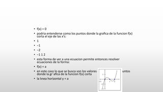• f(x) = 0
• podria entenderse como los puntos donde la graﬁca de la funcion f(x)
corta el eje de las x’s:
• 1
• −1
• −2
• −1 1 2
• esta forma de ver a una ecuacion permite entonces resolver
ecuaciones de la forma:
• f(x) = a
• en este caso lo que se busca son los valores de x de aquellos puntos
donde la gr´aﬁca de la funcion f(x) corta
• la lınea horizontal y = a

 
