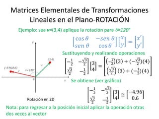Matrices Elementales de Transformaciones
Lineales en el Plano-ROTACIÓN
Rotación en 2D
Ejemplo: sea v=(3,4) aplique la rotación para =120°
Sustituyendo y realizando operaciones
Se obtiene (ver gráfico)
Nota: para regresar a la posición inicial aplicar la operación otras
dos veces al vector
 