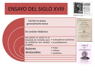 ENSAYO DEL SIGLO XVIII
Escrito en prosa,
generalmente breve
De carácter didáctico
Este género se centra en la
búsqueda de remedios para
los problemas que aquejan
a España:
Autores
destacados:
• la decadencia económica
• el analfabetismo
• Feijoo
• Cadalso
• Jovellanos.
 