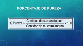 PORCENTAJE DE PUREZA

% Pureza

Cantidad de sus tancia pura
x 100
Cantidad de muestra impura

 