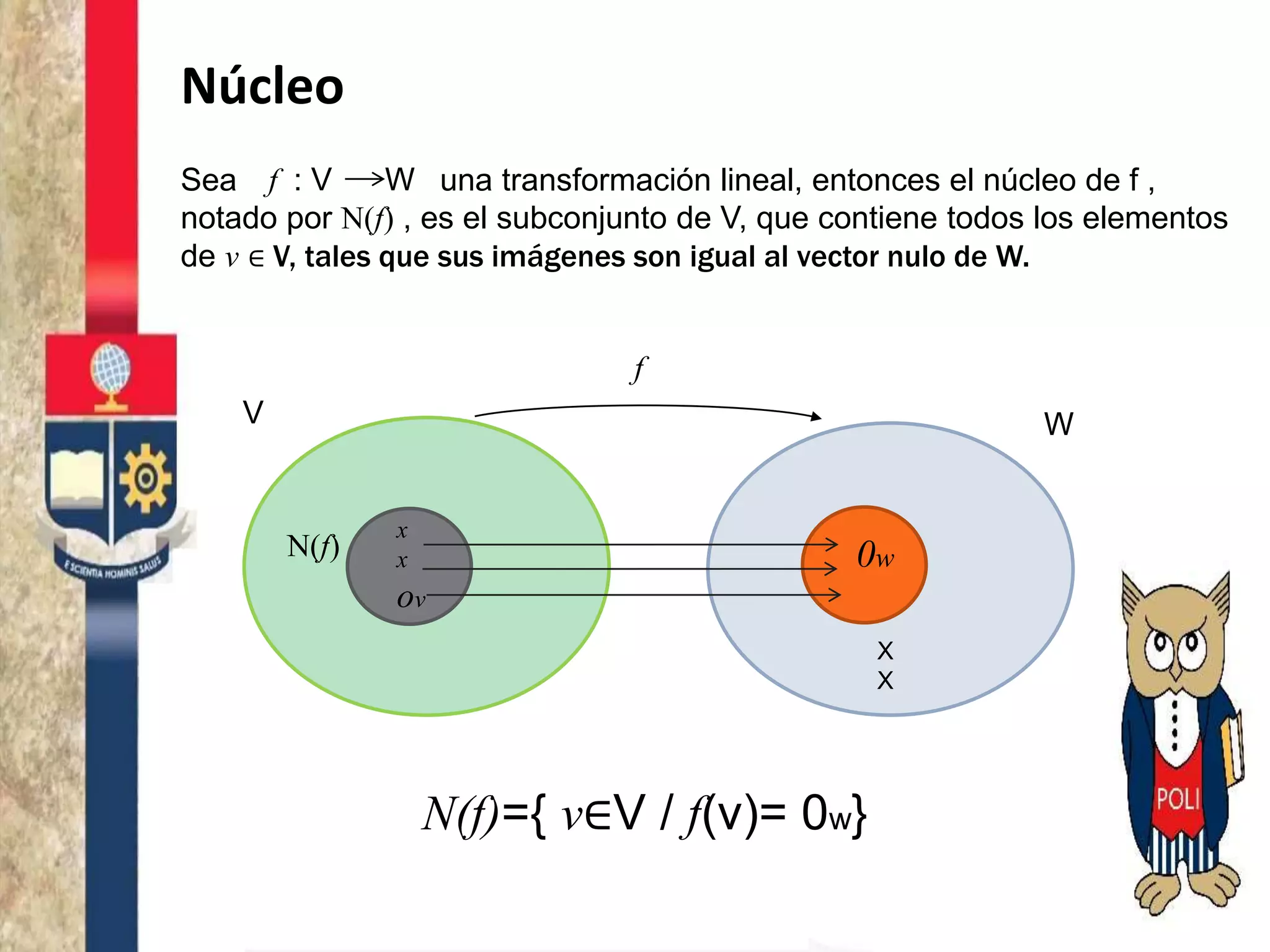 Núcleo
Sea una transformación lineal, entonces el núcleo de f ,
notado por N(f) , es el subconjunto de V, que contiene todos los elementos
de v ∈ V, tales que sus imágenes son igual al vector nulo de W.
f : V W
V W
0w
x
x
ov
f
N(f)
X
X
N(f)={ v∈V / f(v)= 0w}
 
