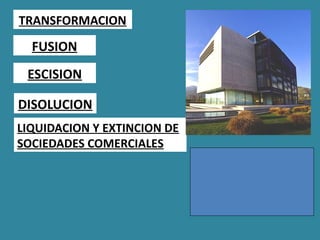 DISOLUCION
TRANSFORMACION
FUSION
ESCISION
LIQUIDACION Y EXTINCION DE
SOCIEDADES COMERCIALES
 