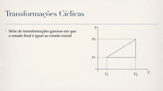 Transformações Cíclicas

✤   Série de transformações gasosas em que
    o estado ﬁnal é igual ao estado inicial
 