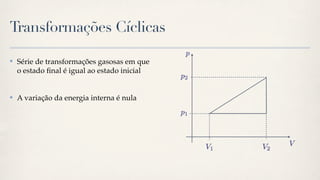 Transformações Cíclicas

✤   Série de transformações gasosas em que
    o estado ﬁnal é igual ao estado inicial


✤   A variação da energia interna é nula
 