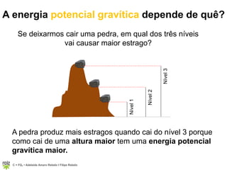 C = FQ7 • Adelaide Amaro Rebelo l Filipe Rebelo
A energia potencial gravítica depende de quê?
Se deixarmos cair uma pedra, em qual dos três níveis
vai causar maior estrago?
A pedra produz mais estragos quando cai do nível 3 porque
como cai de uma altura maior tem uma energia potencial
gravítica maior.
Nível1
Nível2
Nível3
 