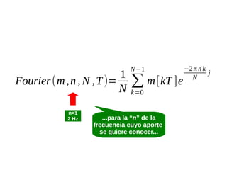 1
Fourier (m , n , N , T )=
N
n=1
2 Hz

N −1

∑ m [kT ]e
k=0

...para la “n” de la
frecuencia cuyo aporte
se quiere conocer...

−2 π n k
j
N

 