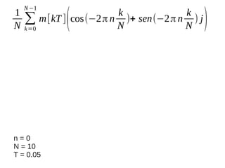 1
N

N −1

k
k
∑ m[kT ] cos(−2 π n N )+ sen(−2 π n N ) j
k =0

n=0
N = 10
T = 0.05

(

)

 
