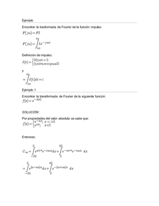Ejemplo
Encontrar la trasformada de Fourier de la función impulso
Definición de impulso:
y
Ejemplo 1
Encontrar la transformada de Fourier de la siguiente función:
SOLUCIÓN:
Por propiedades del valor absoluto se sabe que:
Entonces:
 