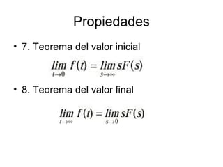 Propiedades
• 7. Teorema del valor inicial
• 8. Teorema del valor final
 