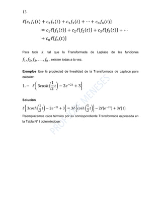 13
ℓ{ 𝑐1 𝑓1( 𝑡) + 𝑐2 𝑓2( 𝑡) + 𝑐3 𝑓3( 𝑡) + ⋯ + 𝑐 𝑛 𝑓𝑛(𝑡)}
= 𝑐1ℓ{ 𝑓1( 𝑡)} + 𝑐2ℓ{ 𝑓2( 𝑡)} + 𝑐3ℓ{ 𝑓3( 𝑡)} + ⋯
+ 𝑐 𝑛ℓ{ 𝑓𝑛(𝑡)}
Para toda 𝑠, tal que la Transformada de Laplace de las funciones
𝑓1, 𝑓2, 𝑓3, , … , 𝑓𝑛 , existen todas a la vez.
Ejemplos Use la propiedad de linealidad de la Transformada de Laplace para
calcular:
1. − ℓ { 3𝑐𝑜𝑠ℎ (
1
2
𝑡) − 2𝑒−2𝑡
+ 3}
Solución
ℓ { 3𝑐𝑜𝑠ℎ (
1
2
𝑡) − 2𝑒−2𝑡
+ 3} = 3ℓ {𝑐𝑜𝑠ℎ (
1
2
𝑡)} − 2ℓ{𝑒−2𝑡} + 3ℓ{1}
Reemplazamos cada término por su correspondiente Transformada expresada en
la Tabla N° I obteniéndose:
 