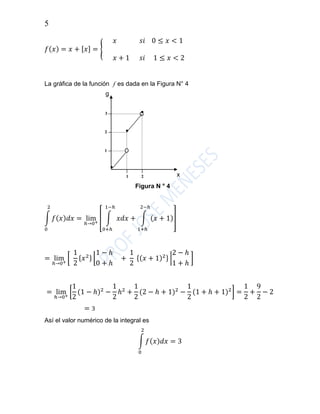 5
𝑓(𝑥) = 𝑥 + [𝑥] = {
𝑥 𝑠𝑖 0 ≤ 𝑥 < 1
𝑥 + 1 𝑠𝑖 1 ≤ 𝑥 < 2
La gráfica de la función f es dada en la Figura N° 4
Figura N ° 4
∫ 𝑓(𝑥)𝑑𝑥
2
0
= lim
ℎ→0+
[ ∫ 𝑥𝑑𝑥
1−ℎ
0+ℎ
+ ∫ (𝑥 + 1)
2−ℎ
1+ℎ
]
= lim
ℎ→0+
[
1
2
{𝑥2} ⌊
1 − ℎ
0 + ℎ
+
1
2
{(𝑥 + 1)2} |
2 − ℎ
1 + ℎ
]
= lim
ℎ→0+
[
1
2
(1 − ℎ)2
−
1
2
ℎ2
+
1
2
(2 − ℎ + 1)2
−
1
2
(1 + ℎ + 1)2
] =
1
2
+
9
2
− 2
= 3
Así el valor numérico de la integral es
∫ 𝑓(𝑥)𝑑𝑥 = 3
2
0
g
x
..
..
..
11 22
11
22
33
 