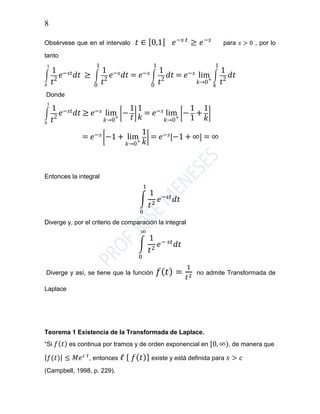 8
Obsérvese que en el intervalo 𝑡 ∈ [0,1] 𝑒−𝑠 𝑡
≥ 𝑒−𝑠
para 𝑠 > 0 , por lo
tanto
∫
1
𝑡2
𝑒−𝑠𝑡 𝑑𝑡 ≥ ∫
1
𝑡2
𝑒−𝑠 𝑑𝑡 = 𝑒−𝑠 ∫
1
𝑡2
𝑑𝑡
1
0
= 𝑒−𝑠 lim
𝑘→0
+
∫
1
𝑡2
𝑑𝑡
1
𝑘
1
0
1
0
Donde
∫
1
𝑡2
𝑒−𝑠𝑡 𝑑𝑡 ≥ 𝑒−𝑠
1
0
lim
𝑘→0
+
[−
1
𝑡
]
1
𝑘
= 𝑒−𝑠 lim
𝑘→0
+
[−
1
1
+
1
𝑘
]
= 𝑒−𝑠 [−1 + lim
𝑘→0
+
1
𝑘
] = 𝑒−𝑠[−1 + ∞] = ∞
Entonces la integral
∫
1
𝑡2
𝑒−𝑠𝑡
𝑑𝑡
1
0
Diverge y, por el criterio de comparación la integral
∫
1
𝑡2
𝑒− 𝑠𝑡
𝑑𝑡
∞
0
Diverge y así, se tiene que la función 𝑓( 𝑡) =
1
𝑡2 no admite Transformada de
Laplace
Teorema 1 Existencia de la Transformada de Laplace.
“Si 𝑓(𝑡) es continua por tramos y de orden exponencial en [0, ∞), de manera que
|𝑓(𝑡)| ≤ 𝑀𝑒 𝑐 𝑡
, entonces ℓ { 𝑓( 𝑡)} existe y está definida para 𝑠 > 𝑐
(Campbell, 1998, p. 229).
 