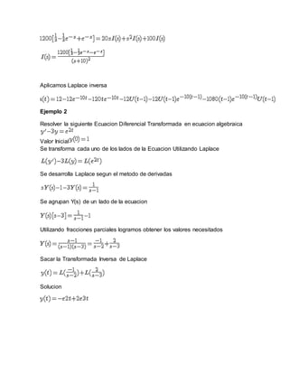 Aplicamos Laplace inversa
Ejemplo 2
Resolver la siguiente Ecuacion Diferencial Transformada en ecuacion algebraica
Valor Inicial
Se transforma cada uno de los lados de la Ecuacion Utilizando Laplace
Se desarrolla Laplace segun el metodo de derivadas
Se agrupan Y(s) de un lado de la ecuacion
Utilizando fracciones parciales logramos obtener los valores necesitados
Sacar la Transformada Inversa de Laplace
Solucion
 