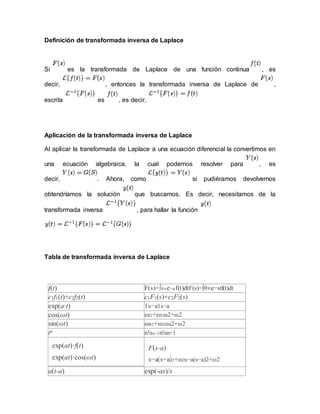 Definición de transformada inversa de Laplace
Si es la transformada de Laplace de una función continua , es
decir, , entonces la transformada inversa de Laplace de ,
escrita es , es decir,
Aplicación de la transformada inversa de Laplace
Al aplicar la transformada de Laplace a una ecuación diferencial la convertimos en
una ecuación algebraica, la cual podemos resolver para , es
decir, . Ahora, como si pudiéramos devolvernos
obtendríamos la solución que buscamos. Es decir, necesitamos de la
transformada inversa , para hallar la función
Tabla de transformada inversa de Laplace
f(t) F(s)=∫0∞e−stf(t)dtF(s)=∫0∞e−stf(t)dt
c1f1(t)+c2f2(t) c1F1(s)+c2F2(s)
exp(a·t) 1s−a1s−a
cos(ωt) ss2+ω2ss2+ω2
sin(ωt) ωs2+ω2ωs2+ω2
tn n!sn+1n!sn+1
exp(at)·f(t)
exp(at)·cos(ωt)
F(s-a)
s−a(s−a)2+ω2s−a(s−a)2+ω2
u(t-a) exp(-as)/s
 