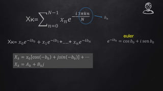 Xk=
𝑛=0
𝑁−1
𝑥 𝑛 𝑒−
𝑖 2𝜋𝑘𝑛
𝑁
Xk= 𝑥0 𝑒−𝑖𝑏0 + 𝑥1 𝑒−𝑖𝑏1+....+ 𝑥 𝑛 𝑒−𝑖𝑏 𝑛 𝑒−𝑖𝑏0 = cos 𝑏0 + 𝑖 sen 𝑏0
euler
𝑏 𝑛
 