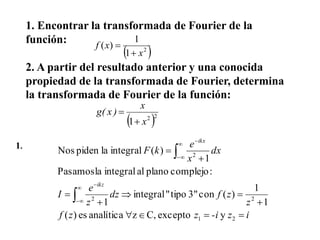 1. Encontrar la transformada de Fourier de la
función:
2. A partir del resultado anterior y una conocida
propiedad de la transformada de Fourier, determina
la transformada de Fourier de la función:
 2
1
1
)(
x
xf
+

 22
1 x
x
)x(g
+

iz-izzf
z
zfdz
z
e
I
dx
x
e
kF
ikz
ikx

+

+

+









21
22
2
yexceptoC,zanalíticaes)(
1
1
)(con3"tipo"integral
1
:complejoplanoalintegrallaPasamos
1
)(integrallapidenNos1.
 