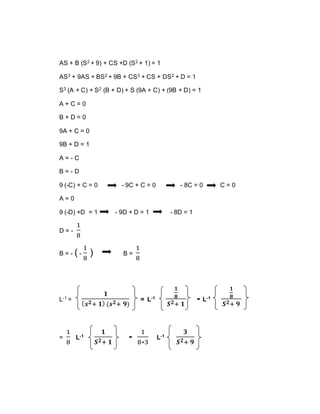 AS + B (S2 + 9) + CS +D (S2 + 1) = 1
AS3 + 9AS + BS2 + 9B + CS3 + CS + DS2 + D = 1
S3 (A + C) + S2 (B + D) + S (9A + C) + (9B + D) = 1
A + C = 0
B + D = 0
9A + C = 0
9B + D = 1
A = - C
B = - D
9 (-C) + C = 0 - 9C + C = 0 - 8C = 0 C = 0
A = 0
9 (-D) +D = 1 - 9D + D = 1 - 8D = 1
D = -
1
8
B = - ( -
1
8
) B =
1
8
L-1 =
𝟏
( 𝒔 𝟐+ 𝟏) (𝒔 𝟐+ 𝟗)
= L-1
𝟏
𝟖
𝑺 𝟐+ 𝟏
- L-1
𝟏
𝟖
𝑺 𝟐+ 𝟗
=
1
8
L-1
𝟏
𝑺 𝟐+ 𝟏
-
1
8∗3
L-1
𝟑
𝑺 𝟐+ 𝟗
 