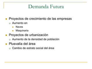 Demanda Futura

Proyectos de crecimiento de las empresas
  Aumento en
    Naves
    Maquinaria
Proyectos de urbanización
  Aumento de la densidad de población
Plusvalía del área
  Cambio de estrato social del área
 
