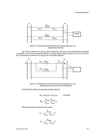 TRANSFORMADORES 
U1 U21 
Z1eqA 
Z1eqA 
U1A 
U21A 
U21B 
U1B 
Carga 
Figura 7.33 Paralelo de transformadores representado por sus 
impedancias internas 
De la figura observamos que las dos impedancias internas de los transformadores quedan 
en paralelo, con lo cual el esquema anterior se puede dibujar según la figura 10.34., en la cual se 
han colocado las corrientes en la carga y en los transformadores. 
U21 U1 
Z1eqA 
A B 
Z1eqB 
I1A 
I1B 
I1C 
I1C 
Figura 7.34 Paralelo de transformadores representado por sus 
impedancias internas en forma simplificada 
Entre A y B la diferencia de potencial está dada por: 
UAB = Z1eqA I1A = Z1eqB I1B o también: 
Z Z 
⋅ 
1eqA 1eqB 
AB I 
Z Z 
+ 
1eqA 1eqB 
U 
= 
Resolviendo estas ecuaciones nos queda: 
Z 
1A I 
1C 
1C 
1eqB 
Z Z 
+ 
1eqA 1eqB 
I 
= 
Z 
1eqA 
+ 
1B I 
1C 
Z Z 
1eqA 1eqB 
I 
= 
Julio Álvarez 11/09 144 
 