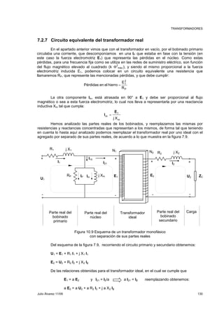 TRANSFORMADORES 
7.2.7 Circuito equivalente del transformador real 
En el apartado anterior vimos que con el transformador en vacío, por el bobinado primario 
circulaba una corriente, que descomponíamos en una IP que estaba en fase con la tensión (en 
este caso la fuerza electromotriz E1) que representa las pérdidas en el núcleo. Como estas 
pérdidas, para una frecuencia fija como se utiliza en las redes de suministro eléctrico, son función 
del flujo magnético elevado al cuadrado (k Φ 
2 
máx.), y siendo el mismo proporcional a la fuerza 
electromotriz inducida E1, podemos colocar en un circuito equivalente una resistencia que 
llamaremos RP, que represente las mencionadas pérdidas, y que debe cumplir: 
2 
1 
R 
P 
E 
Pérdidas en el hierro = 
La otra componente Im, está atrasada en 90° a E1 y debe ser proporcional al flujo 
magnético o sea a esta fuerza electromotriz, lo cual nos lleva a representarla por una reactancia 
inductiva Xm tal que cumpla: 
1 
m 
E 
I = 
m j X 
Hemos analizado las partes reales de los bobinados, y reemplazamos las mismas por 
resistencias y reactancias concentradas que representan a los mismos, de forma tal que teniendo 
en cuenta lo hasta aquí analizado podemos reemplazar el transformador real por uno ideal con el 
agregado por separado de sus partes reales, de acuerdo a lo que muestra en la figura 7.9. 
+ + + + 
I21 
I10 
I2 
E1 E2 U2 ZC RP IP Im j Xm 
- - - - 
Parte real del 
núcleo 
R2 j X2 
Parte real del 
bobinado 
secundario 
N1 N2 
Transformador 
ideal 
Figura 10.9 Esquema de un transformador monofásico 
con separación de sus partes reales 
R1 j X1 
I1 
Parte real del 
bobinado 
primario 
Carga 
Del esquema de la figura 7.9, recorriendo el circuito primario y secundario obtenemos: 
U1 = E1 + R1 I1 + j X1 I1 
E2 = U2 + R2 I2 + j X2 I2 
De las relaciones obtenidas para el transformador ideal, en el cual se cumple que 
E1 = a E2 y I21 = I2/a a I21 = I2 reemplazando obtenemos: 
a E2 = a U2 + a R2 I2 + j a X2 I2 
U1 
Julio Álvarez 11/09 130 
 
