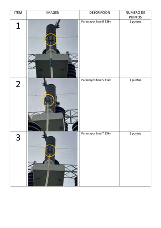 ITEM IMAGEN DESCRIPCION NUMERO DE
PUNTOS
1
Pararrayos fase R 33kv 1 puntos
2
Pararrayos fase S 33kv 1 puntos
3
Pararrayos fase T 33kv 1 puntos
 
