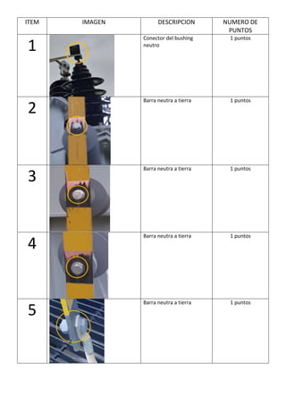 ITEM IMAGEN DESCRIPCION NUMERO DE
PUNTOS
1
Conector del bushing
neutro
1 puntos
2
Barra neutra a tierra 1 puntos
3
Barra neutra a tierra 1 puntos
4
Barra neutra a tierra 1 puntos
5
Barra neutra a tierra 1 puntos
 