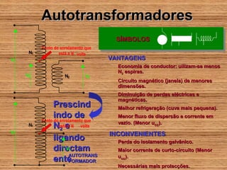 Autotransformadores
                                      Se utilizan cuando se necesita una relación
                                      Se utilizan cuando se necesita una relación
                                      de transformación de 1,25 a 2. En ese caso
                                           SÍMBOLOS
                                       de transformación de 1,25 a 2. En ese caso
                                      son más rentables que los transformadores
                                      son más rentables que los transformadores
           Ponto do enrolamento que
      N1           está a V2 volts
V1                                     VANTAGENS
                                           Economia de conductor: uilizam-se menos
                                           N2 espiras.
     V2               N2        V2
                                           Circuito magnético (janela) de menores
                                           dimensões.
                                           Diminuição de perdas eléctricas e
                                           magnéticas.
                 Prescind                  Melhor refrigeração (cuva mais pequena).
                 indo de                   Menor fluxo de dispersão e corrente em
           Ponto do enrolamento que        vazio. (Menor ucc).
      N1         Nestáe V volts
                    2
                        a   2

V1                                     INCONVENIENTES
                 ligando                   Perda do isolamento galvânico.
                 directam
                       V2                  Maior corrente de curto-circuito (Menor
                        AUTOTRANS
                 ente   FORMADOR
                                           ucc).
                                           Necessárias mais protecções.
 