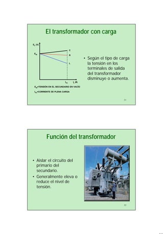 11
21
El transformador con carga
• Según el tipo de carga
la tensión en los
terminales de salida
del transformador
disminuye o aumenta.
C
R
L
I2 (A)
E2 (V)
E20
E20=TENSIÓN EN EL SECUNDARIO EN VACÍO
IPC=CORRIENTE DE PLENA CARGA
IPC
22
Función del transformador
• Aislar el circuito del
primario del
secundario.
• Generalmente eleva o
reduce el nivel de
tensión.
 